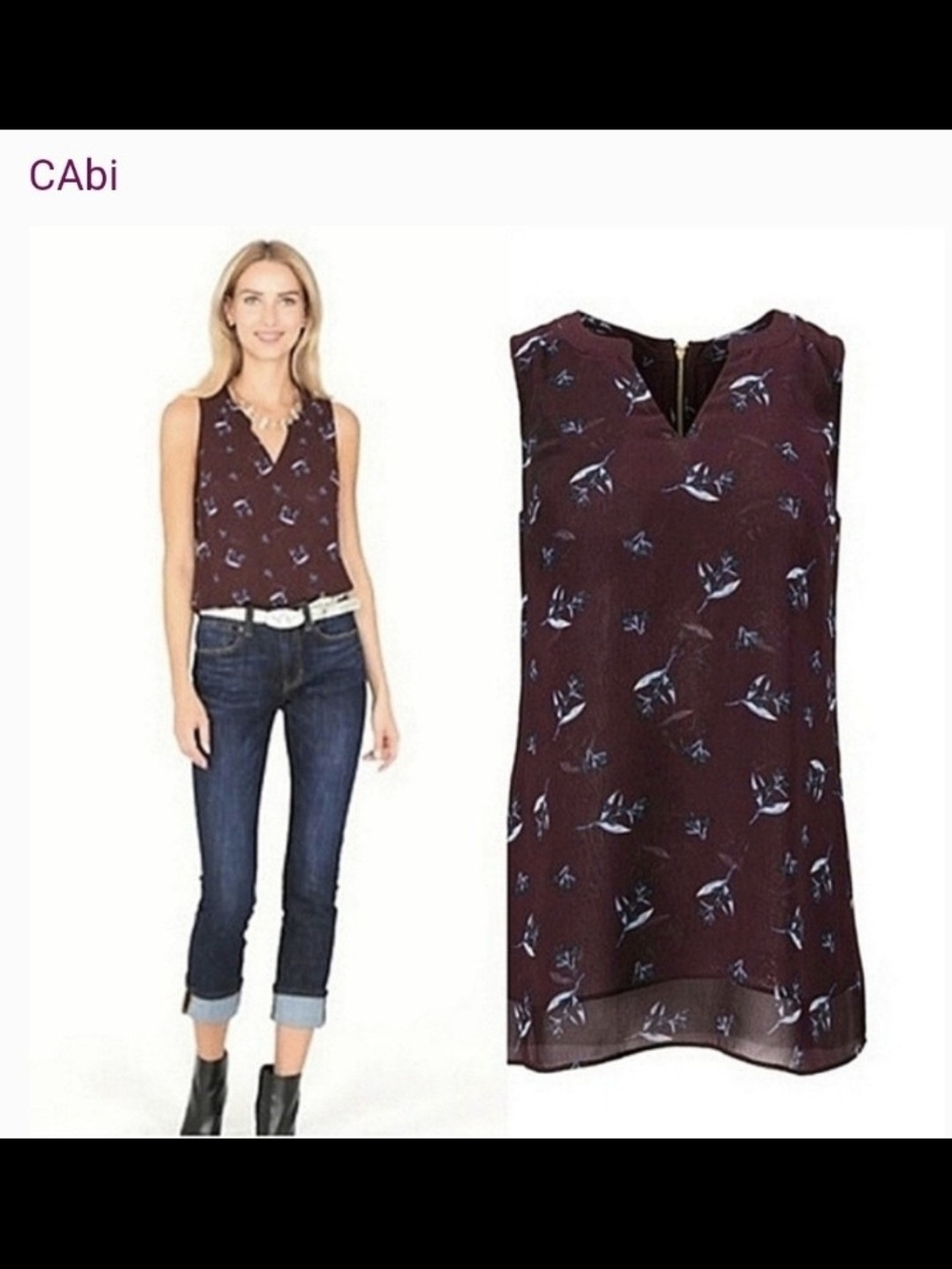 CAbi 3444 Burgandy Icy Bouquet Sleeveless V-Neck Floral Print Top - Medium